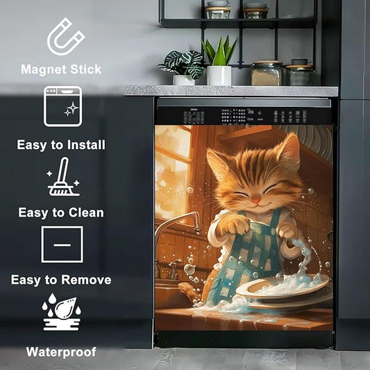 Cute Cat Magnetic Dishwasher Panel Decal Home Appliance Cover, Kitten Refrigerator Magnet Cover Decals, Animal Cat Dishwasher Cover Magnetic Dishwasher Sticker, Reusable (23" x 26")