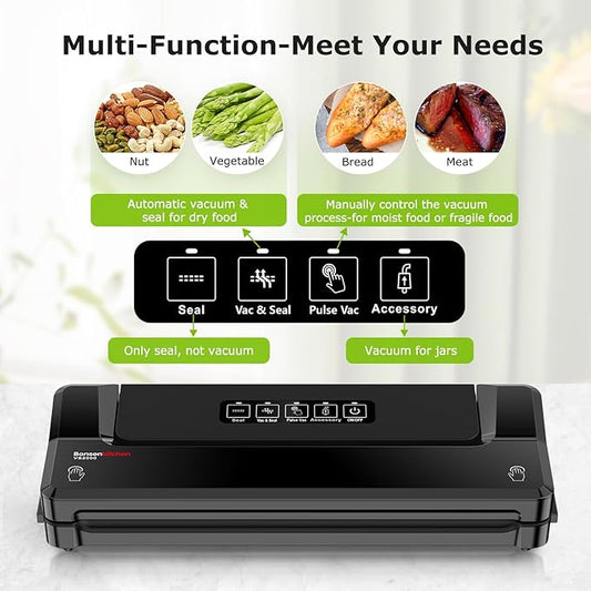 Bonsenkitchen Vacuum Sealer Machine | Compact Food Sealer for Kitchen Storage & Meal Prep | Multiple Modes | External Vacuum System | 5 Bags, Black