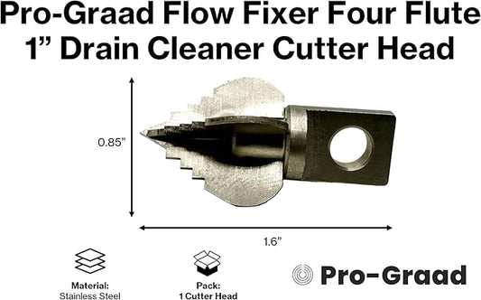 1” Spear 4 Flute Flow Fixer Drain Cleaner Plumbing Snake Cutter Head for 1-1/4” – 2” Pipes, Clears & Scrapes Inner Walls, Fits 3/8” 1/2" or 9/16” Cables, Commercial & Residential Use