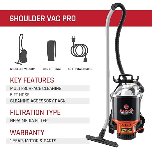 Hoover Commercial Shoulder Vac Pro Backpack Bagged Vacuum Cleaner, with HEPA Media Filter, Lightweight with Extra Long Cord, Chiropractic Design, for Carpet and Hard Floors, C2401, Black