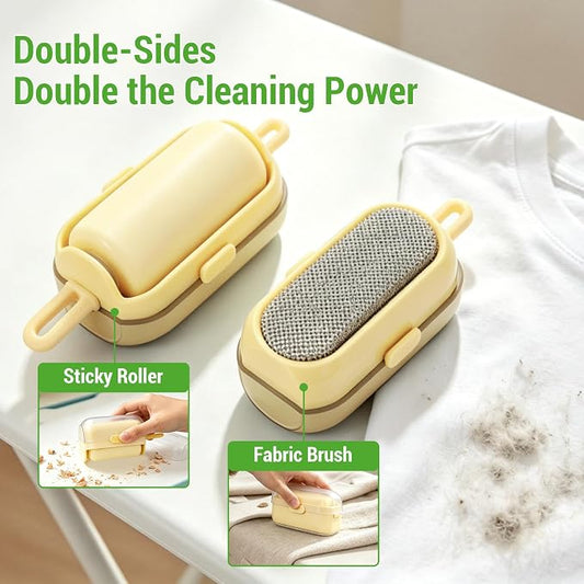 Mini Lint Brush/Roller, 2-in-1 Lint Remover, Yellow | Washable, Reusable Lint Roller, Portable Travel Size, For Pet Hair, Clothes, Carpet, Car, Includes Cleaning Brush - Image 2