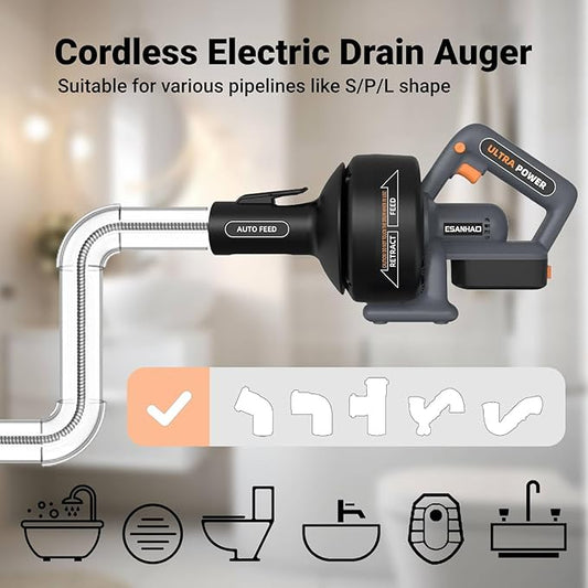 Electric Drain Auger 25ft Cordless Drain Cleaner machine auto feed plumbing snake for kitchen sink, showers, toilet et 3/4-2" Pipe drain clog (Standard) (Upgraded)