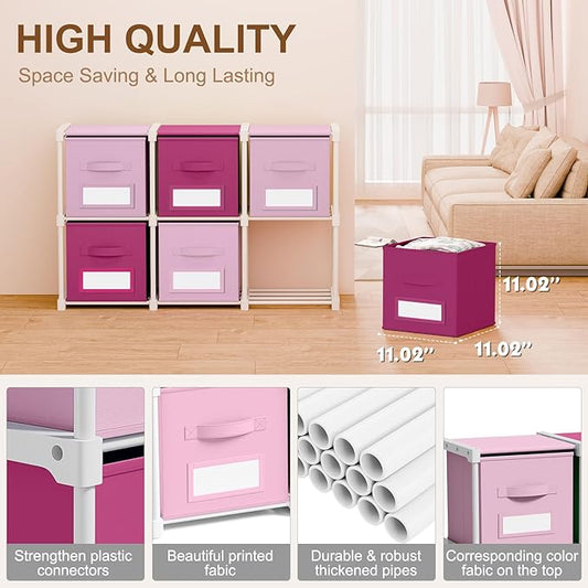 Geelin 6 Sets Cube Storage Organizer Bins with Shelf & Labels 11 Inch, Fabric Collapsible Cubby Toys Clothes Storage Drawer Unit for Daycare Nursery Playroom Bedroom Dorm Organizer (Pink Mix)