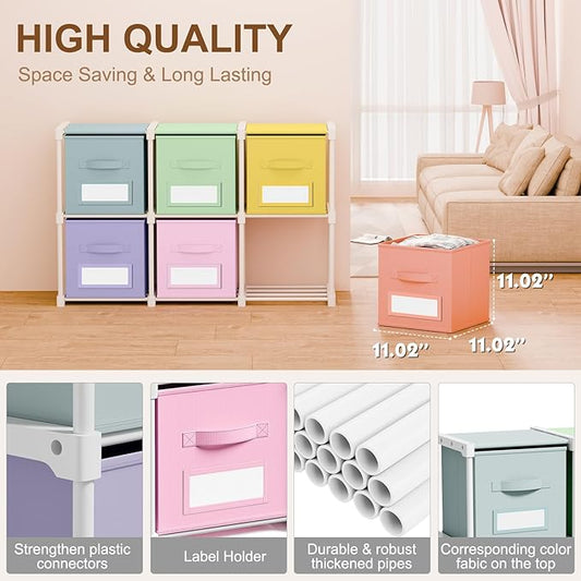 Geelin 6 Sets Cube Storage Organizer Bins with Shelf & Labels 11 Inch, Fabric Collapsible Cubby Toys Clothes Storage Drawer Unit for Daycare Nursery Playroom Bedroom Dorm Organizer (Pastel)