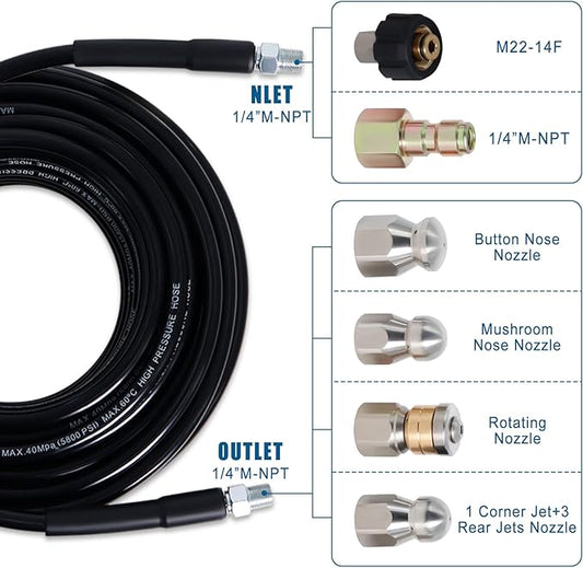 200FT Sewer Jetter Kit for Pressure Washer, 5800PSI Drain Cleaner Hose 1/4 Inch NPT Corner with 4 Sewer Jetting Nozzles,Waterproof Tape,Pearl Corsage Pin,Handle Strap & 2 Spanners (Black)