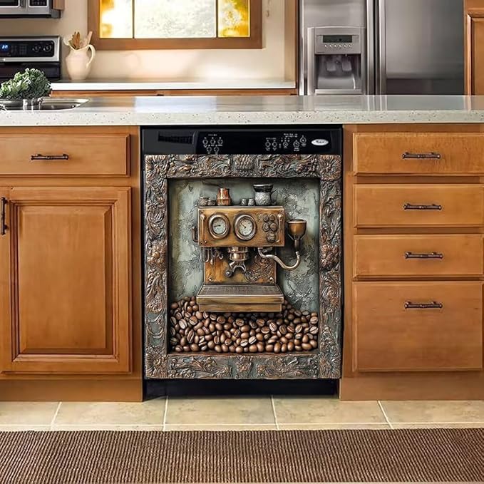 Retro Coffee Machine Dishwasher Magnet Cover, Dish Washer Cover for Kitchen Decor, Easily Trimmable Dishwasher Sticker Refrigerator Magnetic Cover 23×26 in