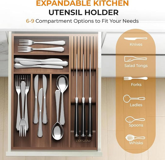 Small-Bamboo-Silverware-Drawer-Organizer, Expandable Utensil Kitchen Cutlery Tray Flatware Organization Wood Tableware Dividers Storage (with Removable Knife Block)(Brown)