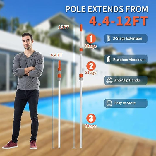 AgiiMan Aluminum Telescoping Swimming Pool Pole 12 Foot, Pool Net Skimmer Rake Vacuum Head Brush Cleaning Heavy Duty