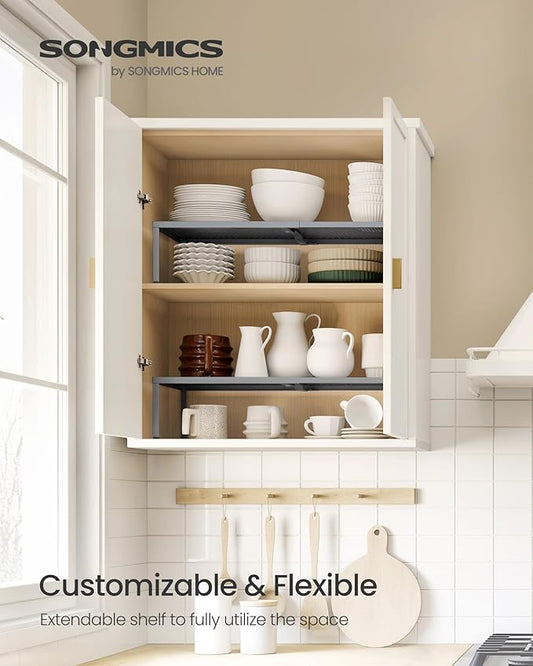 SONGMICS Spice Racks, Set of 2 Expandable Kitchen Countertop Shelves, Small Cupboard Organizers, Metal, Space-Saving Tabletop Shelves, Silver UKCS402FG01