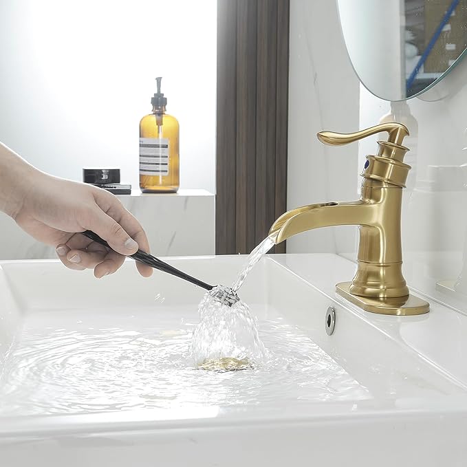 BWE Waterfall Bathroom Faucet Brushed Gold Bathroom One Hole Single Handle Vanity Sink Faucet with Pop Up Drain Assembly and Supply Hose