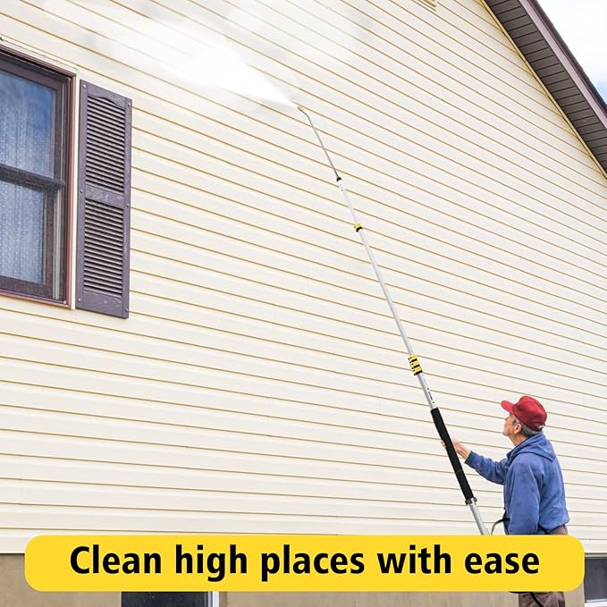 janz 24 FT, Aluminum Telescoping Pressure Washer Wand with 2 Pressure Washer Extension Wands,Gutter Cleaner Attachment, 7 Spray Nozzle Tips, 2 Hose Inlet Adapters, Pivoting Coupler and Support Harness
