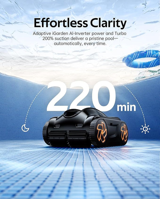 (2025 Upgrade) iGarden Pool Cleaner K36, Cordless Pool Vacuum Robot for Inground & Above Ground Pools, Smart Navigation, 220 Min Runtime, Touchscreen, Self-Parking, Cleans Floor, Wall & Waterline