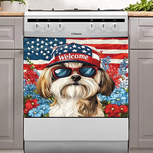 American Flag Pet Dogs Magnetic Sticker Dishwasher Cover Kitchen Decor, 23x17inch Floral Dishwasher Magnet Cover, Patriotic Dishwasher Decal, Refrigerator Panel,Magnetic Dishwasher Sticker