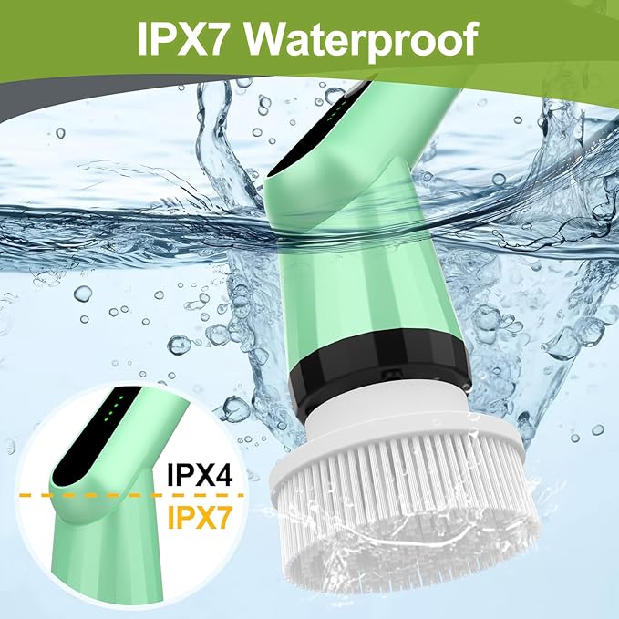 Electric Spin Scrubber, Shower Scrubber with Long Handle Adjustable, 2 Speed & 7 Replaceable Brush Heads Shower Cleaner Brush, Electric Scrubber for Cleaning Bathroom Tile Floor Bathtub Green