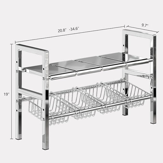 Large Under Sink Organizer 2 Tier Expandable Heavy Stainless Steel Shelf Adjustable Height for Under Kitchen Bathroom Sink Organizers and Storage (Large Size: 4 Panels 4 Storage Baskets)
