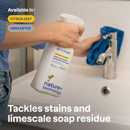 ATTITUDE Bathroom Cleaner Spray, EWG Verified, Plant-Based & Vegan, Safe for Bathroom Surfaces, Tiles, Tubs, Shower Walls, and Grout, Citrus Zest Scent, 27.1 Fl Oz (Pack of 6)