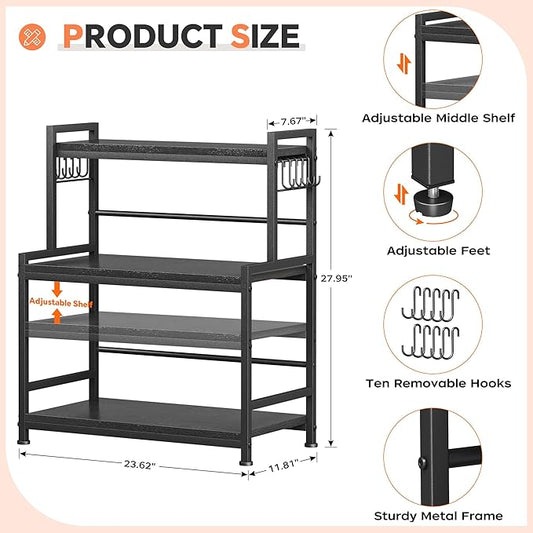 23.6"W Large Kitchen Countertop Organizer, 3 Tier Spice Rack Organizer with Adjustable Shelf and 10 Hooks, Wooden Counter Organizer, Countertop Shelf Microwave Stand for Kitchen, Coffee Bar, Black
