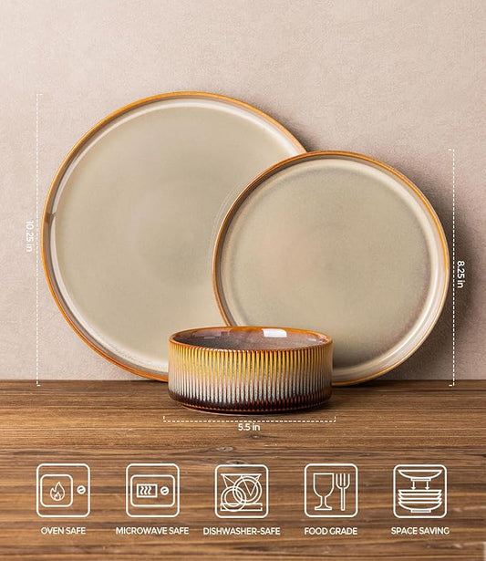 TheTerra Ceramic Dinnerware Sets for 4, 12 Pieces Porcelain Lightweight Plates and Bowls Sets, Scratch Resistant Dish Set, Oven & Microwave & Dishwasher Safe, Creamy Amber