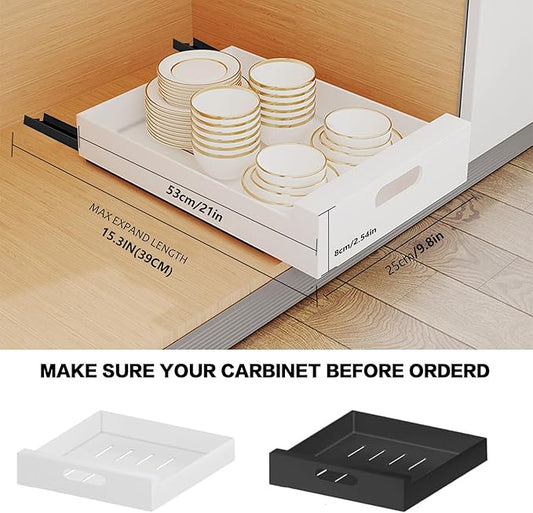 21'' Deep Cabinet Organizer, 10'' Wide Sturdy Carbon Steel Pull Out Drawers for Cabinets Adhesive, Pantry Storage Shelves for Kitchen, Bathroom and Living Room