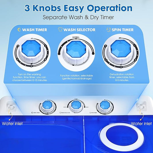 Portable Washing Machine Twin Tub - 28lbs Compact Washer (18lbs) and Spinner Dryer (10lbs) Combo with Drain Pump - Semi Automatic Washing Machine for Apartments, Dorms, RVs, Camping - Blue