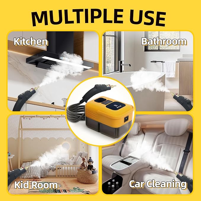Heavy Duty Handheld Steam Cleaner, 15s Heat-Up, 9-Level Adjustable 2500W Pressurized Steamer for Cleaning with 14 Accessories, Multipurpose Portable Steam Cleanr for Home, Car, Grease, Grout(Yellow)