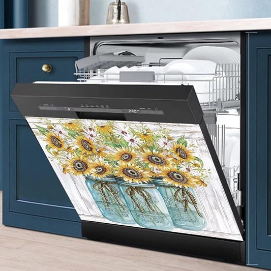 Farm Sunflower Dishwasher Cover Magnet Sticker, Vase Sunflowers Fridge Decal Magnetic Panel, Farm Style Vinyl Home Appliance Cover, Magnetic 23"x17"INCH