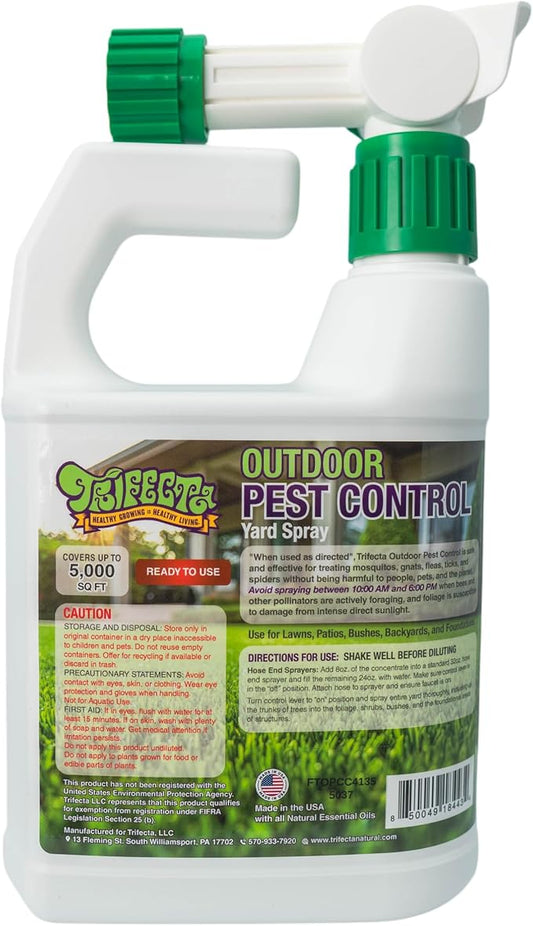 Trifecta Natural Outdoor Pest Control Yard Spray with Essential Oils | Mosquito, Ant, Flea, Tick, Gnat Killer on Contact & Repellent Treatment for Insects Bugs | Safe Around Kids & Pets | 32oz