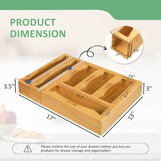 6-in-1 Magnetic Bamboo Drawer Organizer for Kitchen or Fridge, Adjustable Compartment Storage with Foil and Plastic Wrap Dispenser and Cutter – Fits Gallon, Quart, Sandwich, Snack Bags