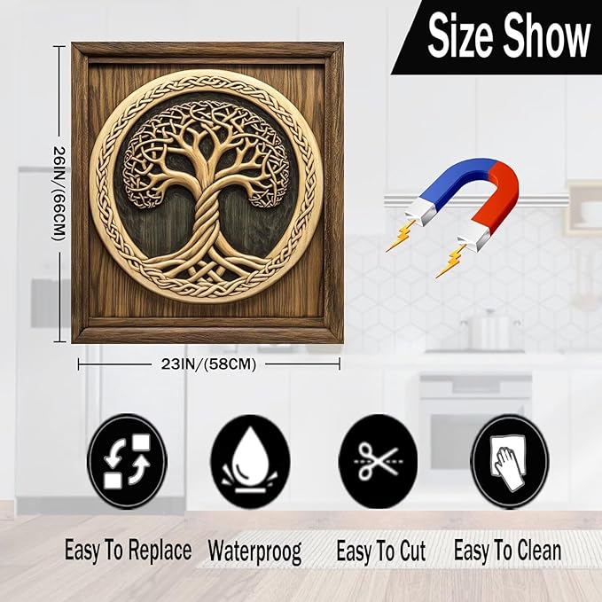 Wood Tree of Life Dishwasher Front Door Cover Vinyl Magnetic Sticker, Retro Wood Door Fridge Magnet Panel Decal, Tree of Life Dishwasher Magnet Skin Cover - 23x26 in (Magnet)