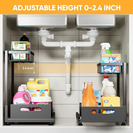 Under Sink Organizer Storage 2-Tier Premium Metal Pull-Out Kitchen Cabinet Organizer with Sliding Drawer, Height Adjustable, Heavy Duty for Kitchen & Bathroom Organizers 2 Pack Black