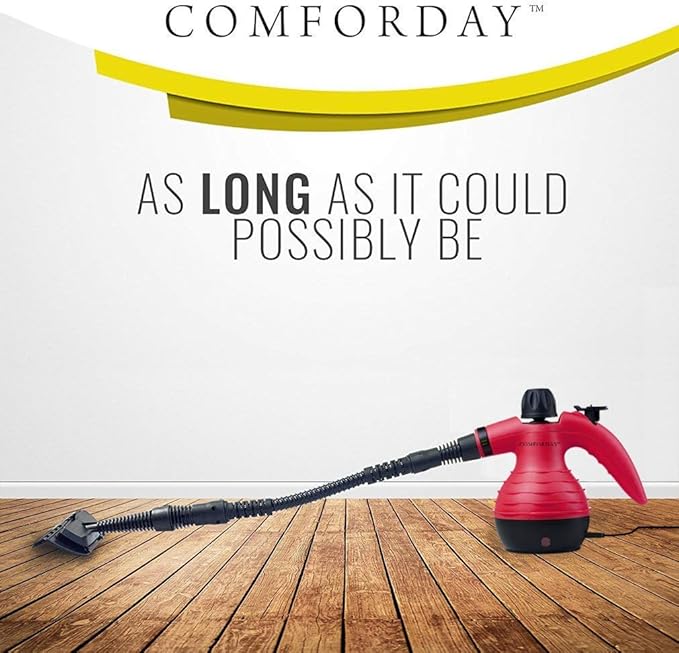 Comforday Handheld Pressurized Steam Cleaner - Multipurpose Steamer with 9-Piece Accessory Kit for Stain Removal, Upholstery, Curtains, Car Seats, Carpets, Floors, and Windows (Red)
