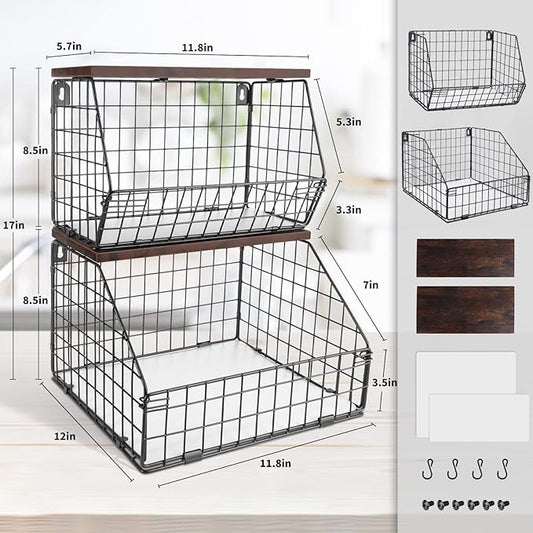 Fruit Basket, Stackable Wall Mounted Fruit Baskets, Potato Baskets Onion Storage for Kitchen, Hanging Wire Basket with Wood Lid, 2-Tier Vegetable Organizer Kitchen Countertop Organization