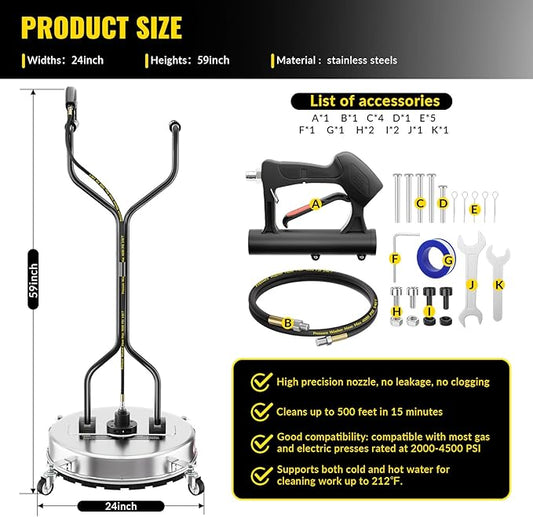 24 Inch Pressure Washer Surface Cleaner with 4 Wheels,Dual Handle,Stainless Steel Housing,4500 PSI Power Washer Accessory for Concrete, Patio, Sidewalk, Deck, Driveways and Daily Washing