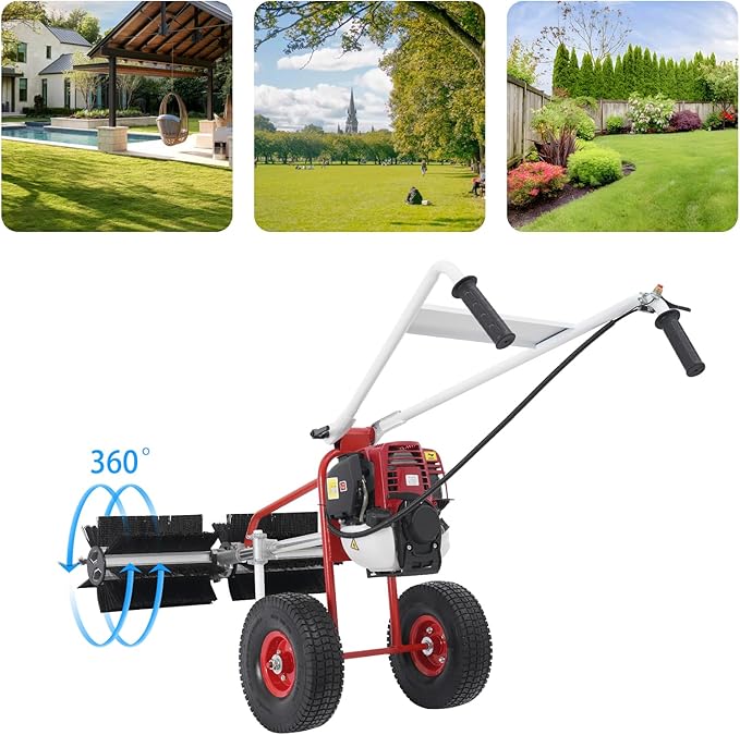 4 Stroke Gas Powered Hand Push Sweeper Strong Power Lawn Sweeper Machine with 23.62" Long High-Density Brush, Broom Walk Behind Driveway Turf Lawns Cleaning Driveway Tools