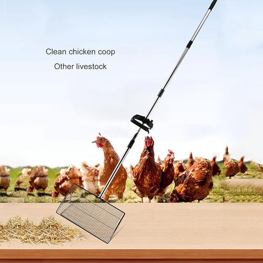Large Chicken Poop Scooper, Adjustable Long Handle Stainless Steel Chicken Coop Cleaning Tool with Telescopic Push Lock & Non Stick Surface for Cat Litter Sifting Shovel