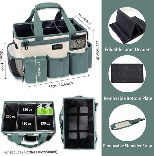 Wearable Cleaning Caddy Bag,Cleaning Supply Tote for Cleaning Supplies, Cleaning Organizer with Adjustable Shoulder and Waist Straps for Cleaners & Housekeepers (Large, Green White)