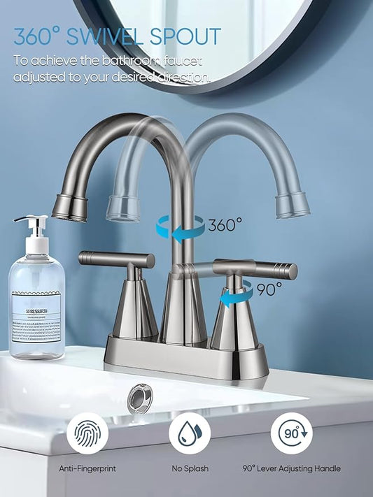 Cobbe Bathroom Faucets for Sink 3 Hole, 4 Inch with Pop Up Drain and 2 Supply Hoses, 2 Handle Centerset Bathroom Faucet for Sink Vanity, Brushed Nickel, 2 Pack