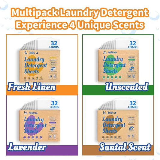 Laundry Detergent Sheets - 4 Scented 128 Loads Travel Laundry Sheets for Dorm,College,Home,Hotel,Apartment,Camping,Ruise,Road Trip,Beach Vacation,Small Space,Family School Travel Essentials
