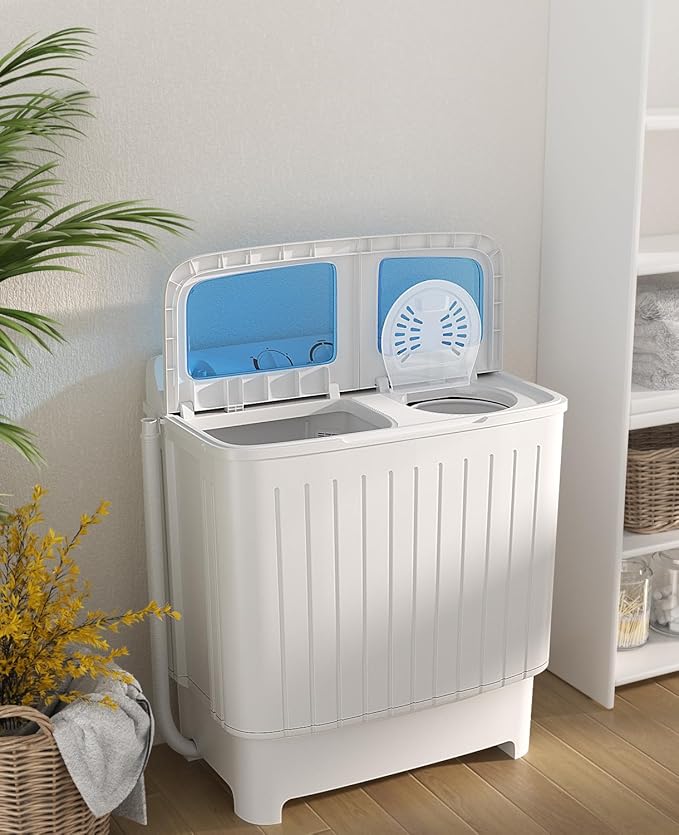 LDAILY Portable Washing Machine, 20lbs Compact Twin Tub Washer and Spinner with Drain Pump and Deep Cleaning, Mini Laundry Washing Spinning Combo for Apartment, RV, Dorm, Camping (White & Blue)