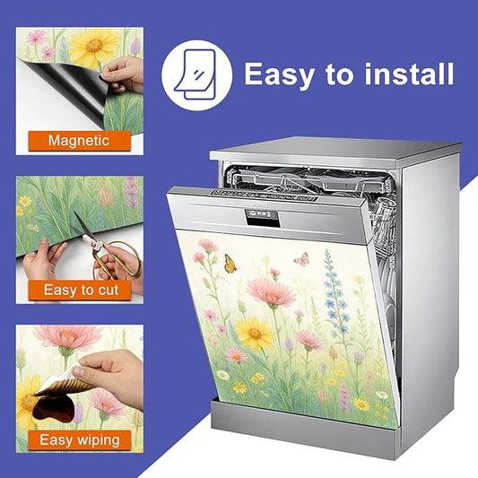 Dishwasher Magnet Cover 23x26 in Floral Butterflies and Wildflowers Magnetic Dishwasher Cover for Kitchen Appliance Decoration Front Panel Sticker Rustic Art Skin Panel Home Decor Decal