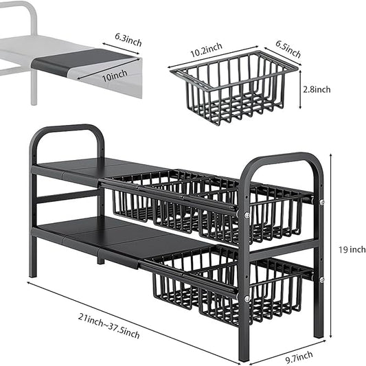 Under Sink Organizer,2 Tier Expandable Heavy Duty Metal Shelf,with 5 Removable Panels and 5 Storage Basket for Under Kitchen Bathroom Sink Organizers and Storage(X-Large,Black)