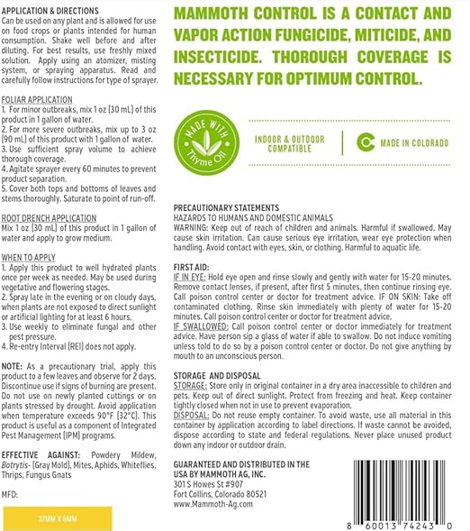 Mammoth Control - Concentrated Miticide, Fungicide and Insecticide - Made with Thyme Oil (1000 ml)
