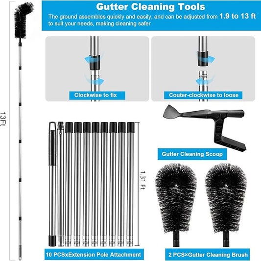 Gutter Cleaning Tools from Ground - 13FT Long Adjustable Gutter Cleaner with 2 Brushes Heads and Scoop, Rain Gutter Cleaning Tool for Easily Clear Roof Leaves and Debris