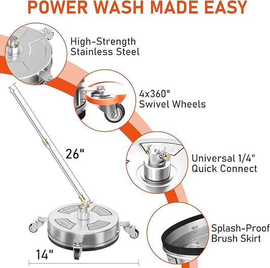 14" Pressure Washer Surface Cleaner with 4 Wheels, 4000 PSI Max Stainless Steel Surface Cleaner for Pressure Washer, 2 Extension Wands, 1/4" Quick Plug, for Concrete, Patio, Sidewalk, Deck