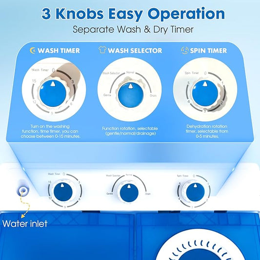 Portable Washing Machine Twin Tub - 14lbs Compact Washer (9,5lbs) and Spinner Dryer (4.5lbs) Combo with Drain Pump - Semi Automatic Washing Machine for Apartments, Dorms, RVs, Camping - Blue