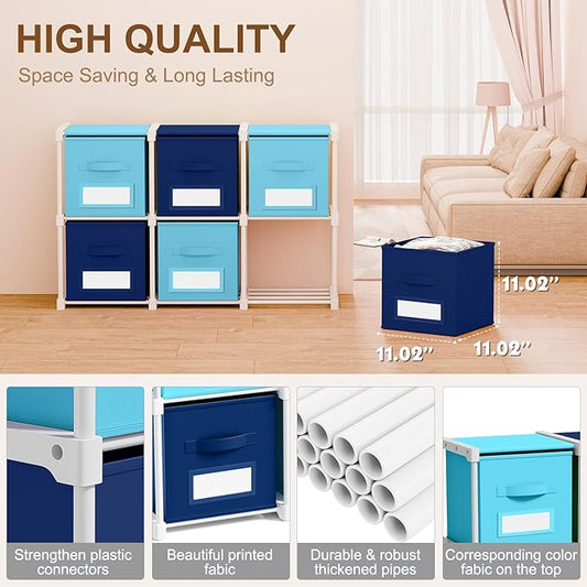 Geelin 6 Sets Cube Storage Organizer Bins with Shelf & Labels 11 Inch, Fabric Collapsible Cubby Toys Clothes Storage Drawer Unit for Daycare Nursery Playroom Bedroom Dorm Organizer (Blue Mix)
