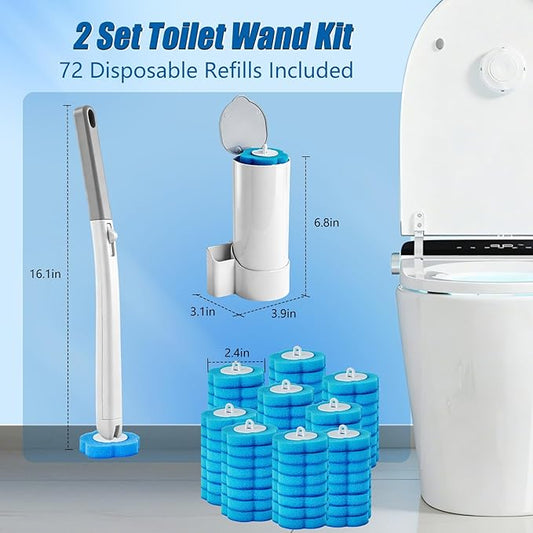 Disposable Toilet Brush and Holder Set, 2 Pack Toilet Wand Kit with 72 Refills, Wall Mounted Toilet Bowl Cleaner System Kit, Toilet Scrubber for Bathroom Cleaning Sink Bathtub