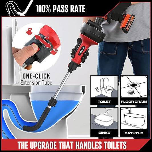 POPULO 17FT Auto Feed Drain Snake, Upgraded Toliet Auger, Plumbing Hair Drain Clog Remover with Extension Tube for Toliet, Shower, Bathtub, Kitchen, Sink,2025 PMDA-G2