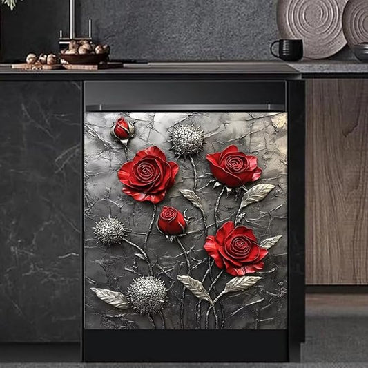 Kitchen Decor Dishwasher Magnet Cover Decal, Metal Red Roses on Gray Textured with Silver Leaves Magnetic Dish Washer Door Vinyl Sticker, Refrigerator Magnets,Easy to Clean, 23 x 26 inch
