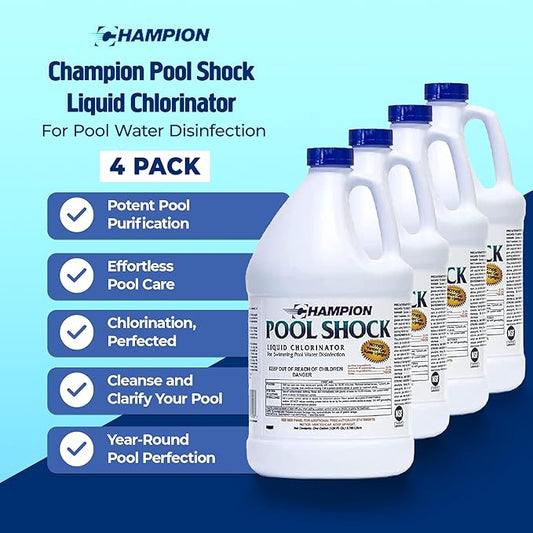 CPDI Champion 4-Pack Pool Shock, 12.5 Liquid Chlorinator for Swimming Pools, 1 Gallon Each - Fast-Acting Sodium Hypochlorite Sanitizer, Ready to Use, Non-Staining, Non-Scaling, Commercial Grade